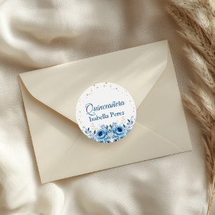 Hellblauer Blumen- und Goldglitter-Quinceanera Runder Aufkleber