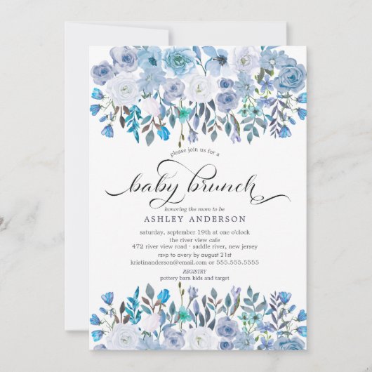 Hellblauer Blumenbrunch Einladung (Vorderseite)