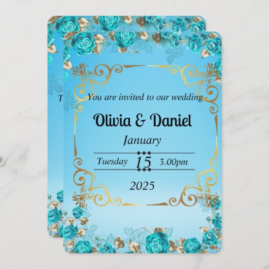 hellblauer Blütengold Hochzeitskarte Einladung (Vorne/Hinten)