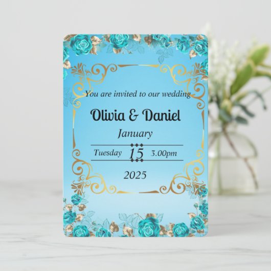 hellblauer Blütengold Hochzeitskarte Einladung (Stehend Vorderseite)