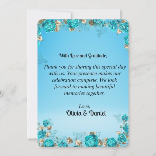 hellblauer Blütengold Hochzeitskarte Einladung (Rückseite)