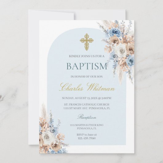 Hellblauer Boho Blütentaufe Einladung (Vorderseite)