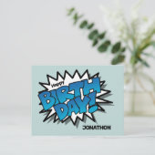 Hellblauer Comic Text - Happy Birthday Postkarte (Stehend Vorderseite)