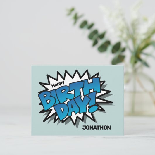 Hellblauer Comic Text - Happy Birthday Postkarte (Stehend Vorderseite)