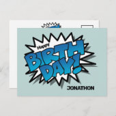 Hellblauer Comic Text - Happy Birthday Postkarte (Vorne/Hinten)