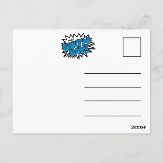 Hellblauer Comic Text - Happy Birthday Postkarte (Rückseite)