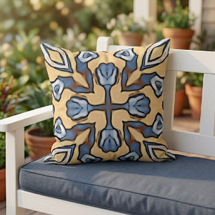 Hellblauer Creme Gelber Tan Brown Tribal Art Kissen