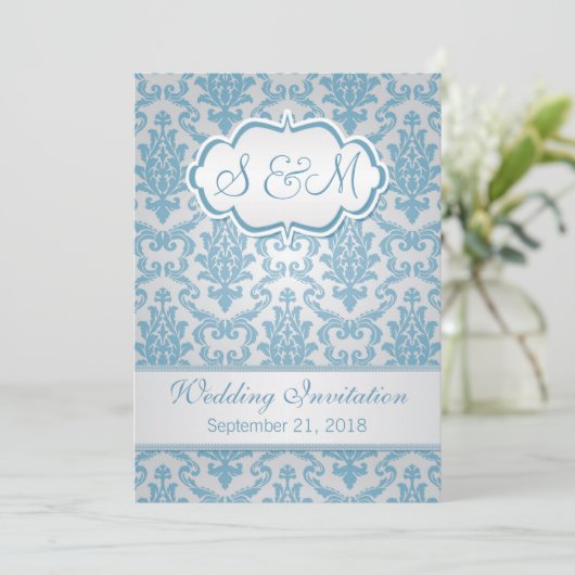 Hellblauer Damast auf silberner Hintergrund Einladung (Stehend Vorderseite)