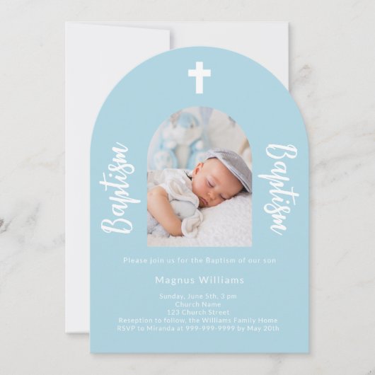Hellblauer Foto Bogen Taufe Einladung (Vorderseite)