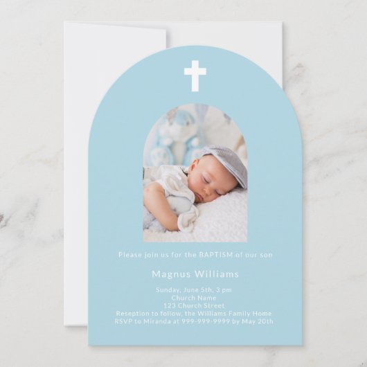 Hellblauer Foto Bogen Taufe Einladung (Vorderseite)