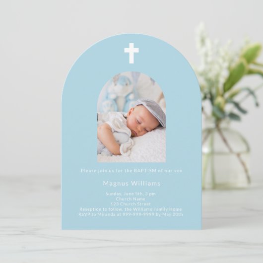 Hellblauer Foto Bogen Taufe Einladung (Stehend Vorderseite)