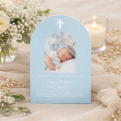 Hellblauer Foto Bogen Taufe Einladung