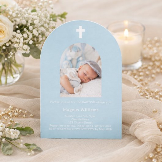 Hellblauer Foto Bogen Taufe Einladung