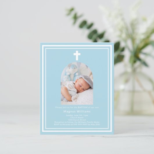 Hellblauer Foto Boy Taufe (Stehend Vorderseite)