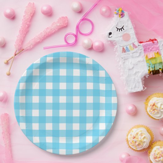 Hellblauer Gingham Pappteller (Party)