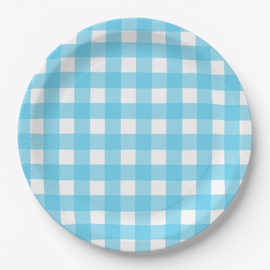 Hellblauer Gingham Pappteller (Vorderseite)
