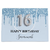 Hellblauer Glitzer Tropfen Name Sweet 16 Große Geschenktüte (Vorderseite)