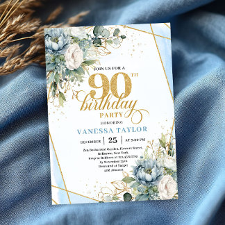 Hellblauer Gold Luxe-Rahmen Grün 90. Geburtstag Einladung