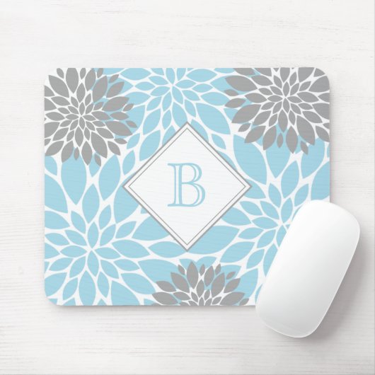Hellblauer Grau Moderne Blüten Initialmonogramm Mousepad (Mit Mouse)