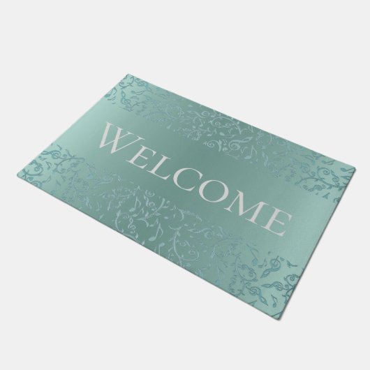 Hellblauer grüner Musiknoten-willkommene Matte (Schrägansicht)