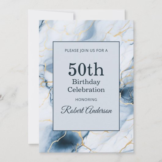 Hellblauer Marmor 50. Geburtstag Einladung (Vorderseite)