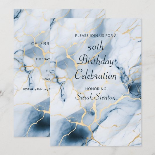 Hellblauer Marmor 50. Geburtstag Einladung (Vorne/Hinten)