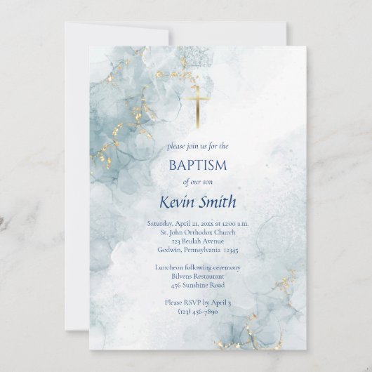Hellblauer Marmor Gold Glitzer Orthodoxe Taufe Einladung (Vorderseite)