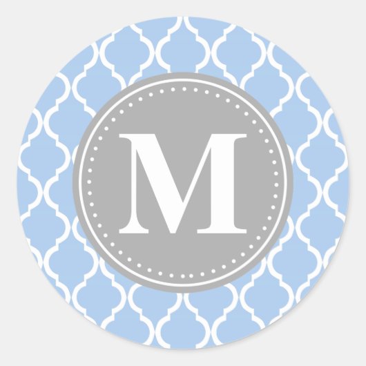 Hellblauer marokkanischer Gittergrau Monogram Runder Aufkleber (Vorderseite)