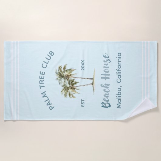 Hellblauer Palmenbaum Moderne Hütte am Meer Strandtuch (Vorderseite)