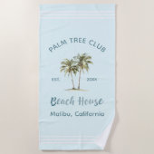 Hellblauer Palmenbaum Moderne Hütte am Meer Strandtuch (Vorderseite)