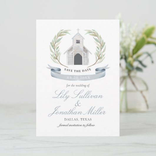 Hellblauer Pastell Charming Church Kapelle Save The Date (Stehend Vorderseite)