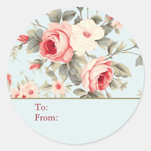 Hellblauer Shabby-Chic-Rosen personalisierter Von  Runder Aufkleber (Vorderseite)