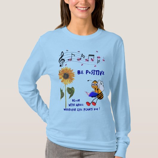 Hellblauer Sonnenblumen Positive Bienen T-Shirt (Vorderseite)