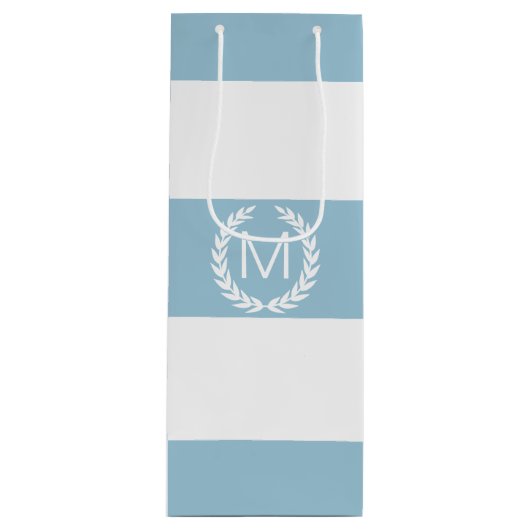 Hellblauer und weißer Streifen mit Monogramm Geschenktüte Für Weinflaschen (Vorderseite)