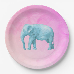 Hellblauer Wasserfarbenelefant auf rosa Hintergrun Pappteller