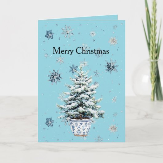 Hellblauer Weihnachtsbaum mit silbernen Schneefloc Karte (Vorderseite)