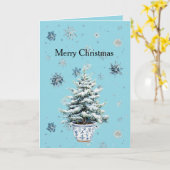 Hellblauer Weihnachtsbaum mit silbernen Schneefloc Karte (Gelbe Blume)