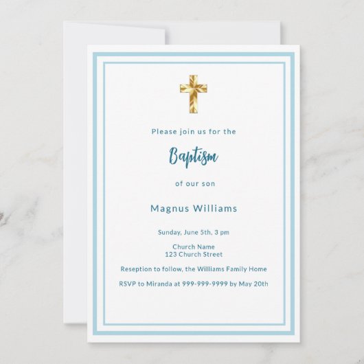 Hellblauer Weißer Junge Taufe Einladung (Vorderseite)