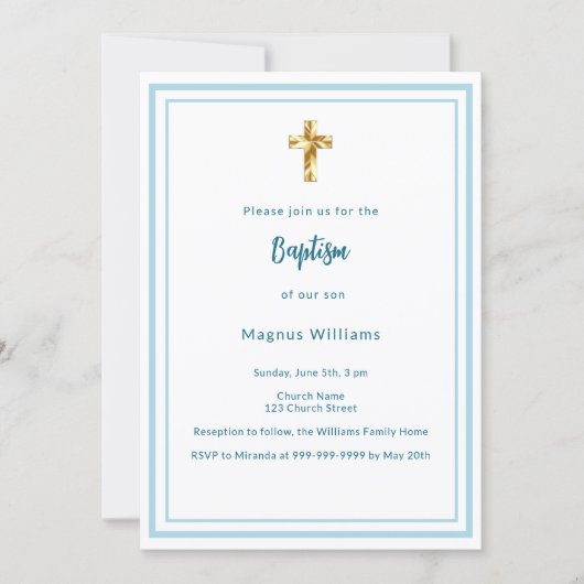 Hellblauer Weißer Junge Taufe Einladung (Vorderseite)