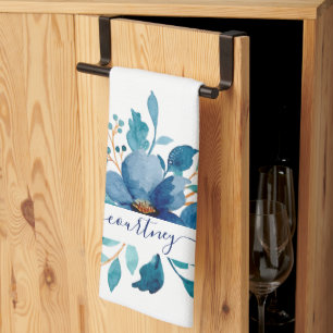 Hellblaues Aquarell-Blumenmuster personalisiert Geschirrtuch