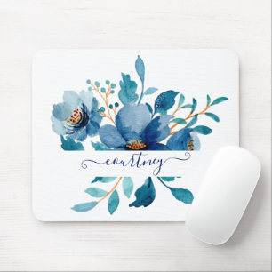 Hellblaues Aquarell-Blumenmuster personalisiert Mousepad