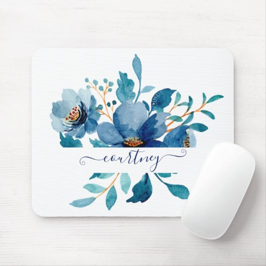 Hellblaues Aquarell-Blumenmuster personalisiert Mousepad (Mit Mouse)