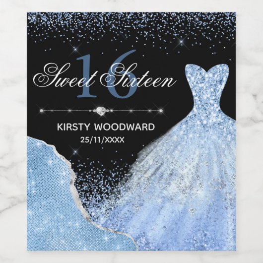 Hellblaues Aquarellkleid Sweet 16 Geburtstag Weinetikett (Einzelnes Label)