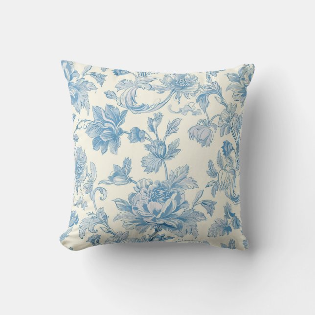 Hellblaues Blumen-Chinoiserie Kissen (Vorderseite)