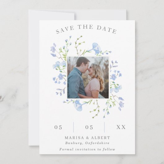 Hellblaues Blumenrahmen-Foto Save The Date (Vorderseite)