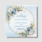 Hellblaues florales Grün Gold Glitter Gästebuch (Vorderseite)