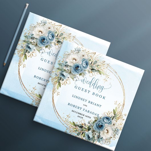 Hellblaues florales Grün Gold Glitter Gästebuch