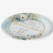 Hellblaues florales Wasserfarben-Gold-Glitter-Part Pappteller (Schrägansicht)