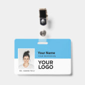 Hellblaues Foto-Bar- oder QR-Code-Logo-Name Ausweis (Vorderseite mit Clip)