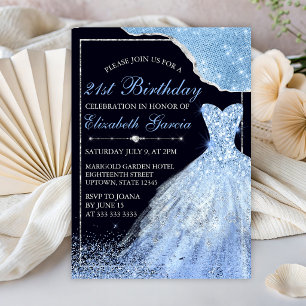Hellblaues Glitzerkleid & Glamour-Rand 21. Geburts Einladung